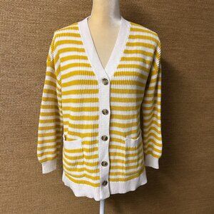 LOFT Cardigan Sweater Womens Medium Yellow White Stripe